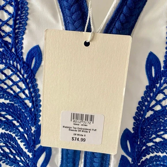 NWT Entro Madelyn Blouse; White Tunic with Royal Blue Embroidery - Picture 4 of 5